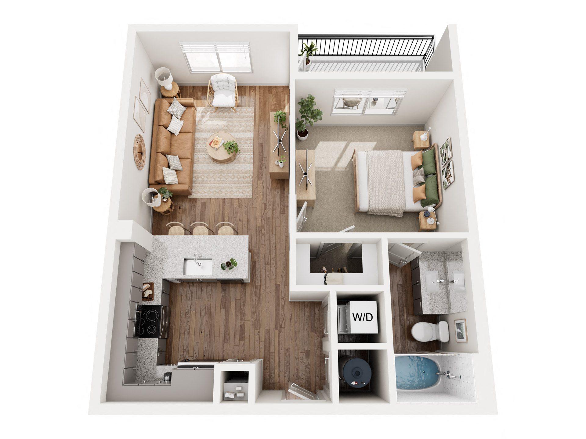 Floor plan for 1 bed, 1 bath, 653 sqft